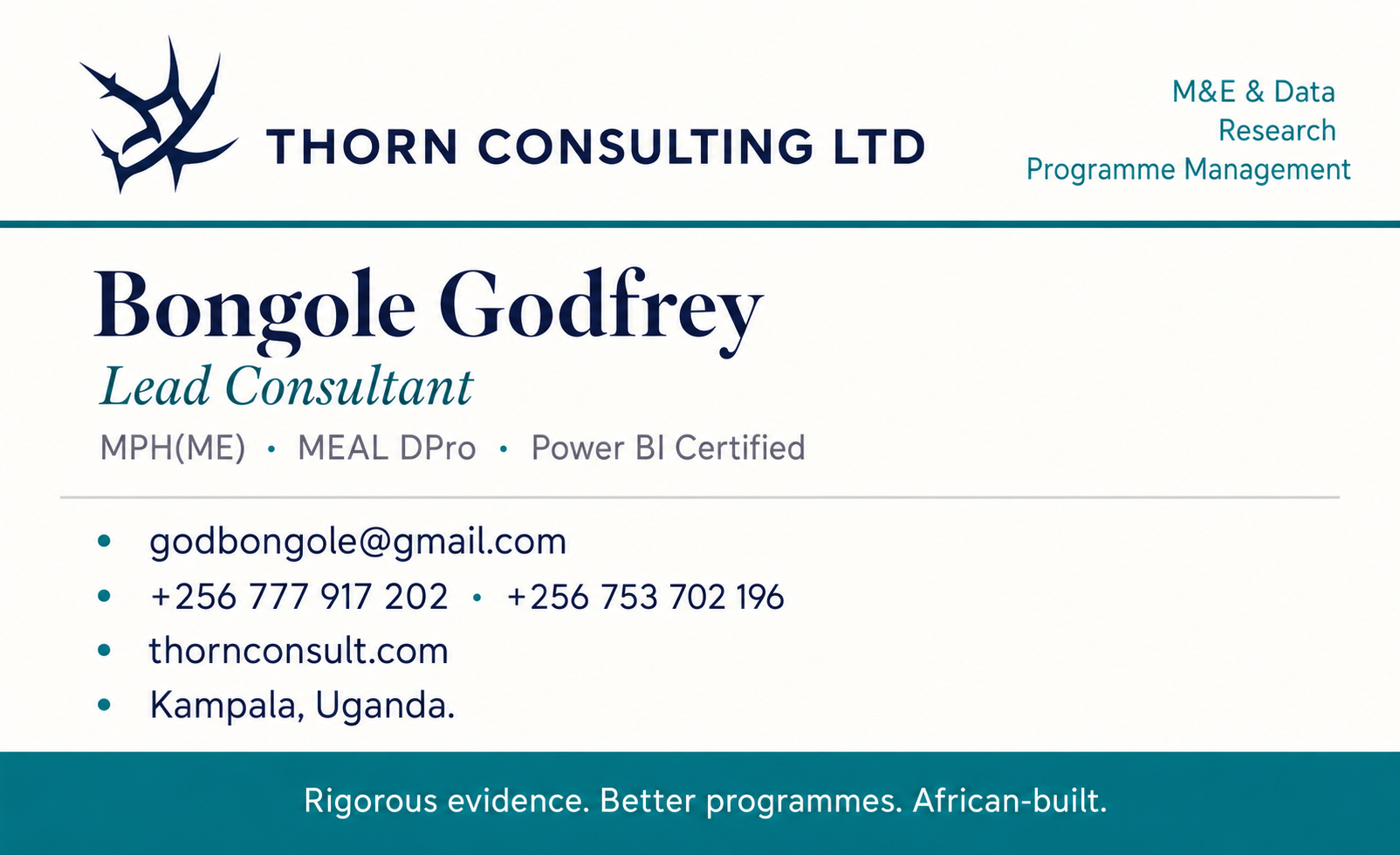 Thorn Consulting official business card front with Lead Consultant Bongole Godfrey